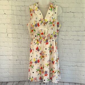 Cooperative White Fruity/Floral Print V-Neck Dress Collared Dress size M